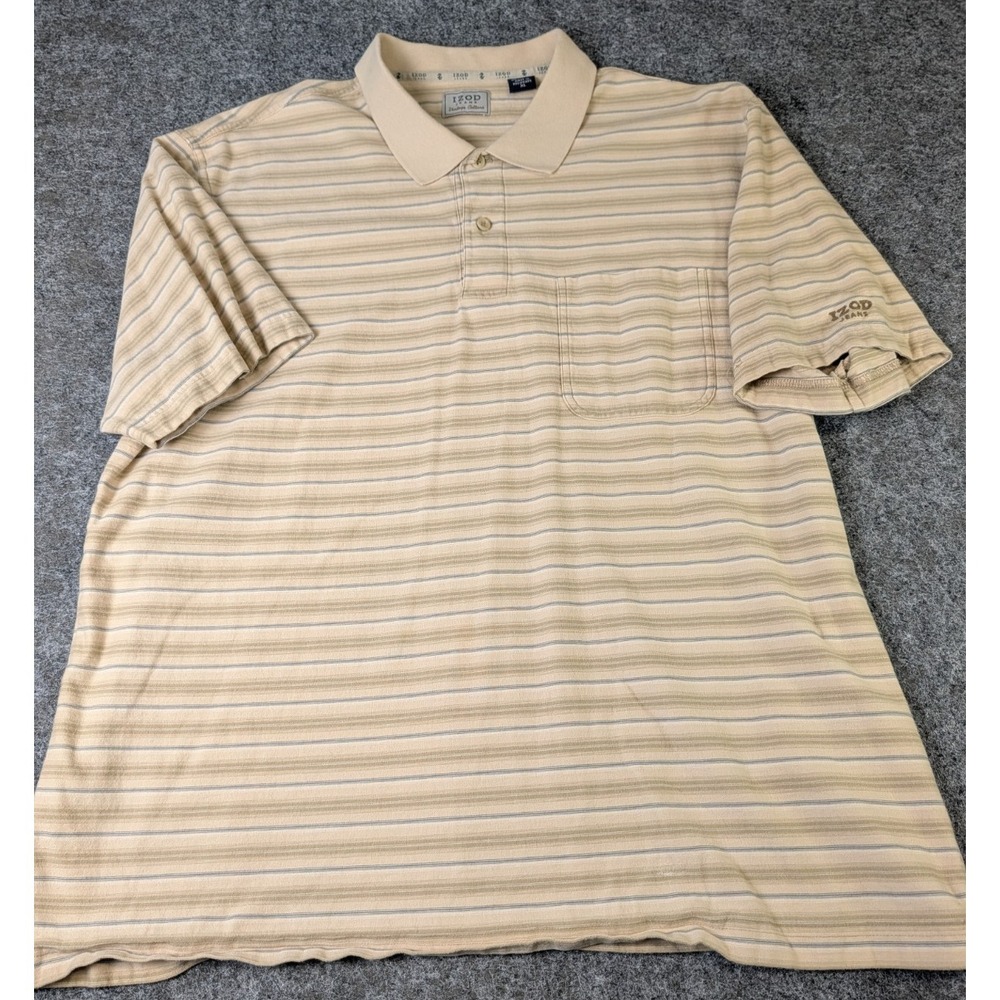 Izod Jeans Vintage Cottons Short Sleeve Polo Shirt Beige Stripe Men's  XL EUC